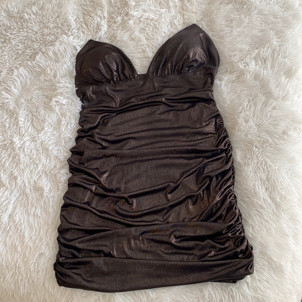 CLEAR STRAP BRONZE RUCHED MINI DRESS